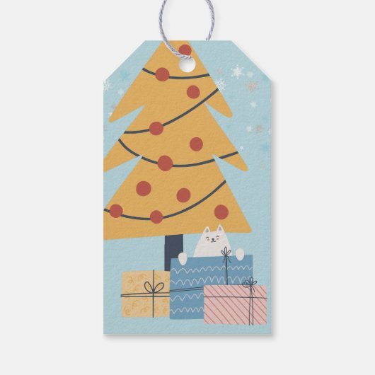 Witte kat onder kerstboom cadeaus cadeaus Gif Cadeaulabel (Achterkant)