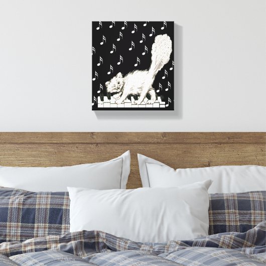 Witte kat op piano Keys Musical Notes Canvas Afdruk (Insitu (Slaapkamer))