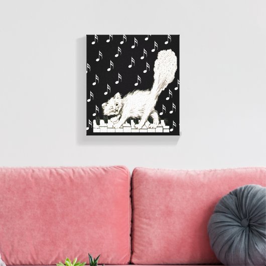 Witte kat op piano Keys Musical Notes Canvas Afdruk (Insitu (Woonkamer))