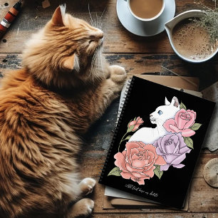 Witte kat pastel bloem zwart romantisch botanisch notitieboek
