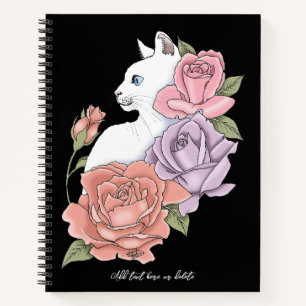 Witte kat pastel bloem zwart romantisch botanisch notitieboek