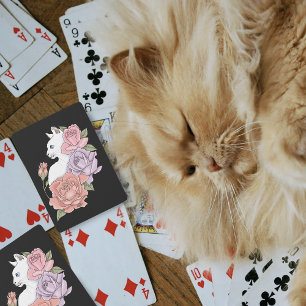 Witte kat pastel bloem zwart romantisch botanisch pokerkaarten