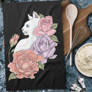 Witte kat pastel bloem zwart romantisch botanisch theedoek