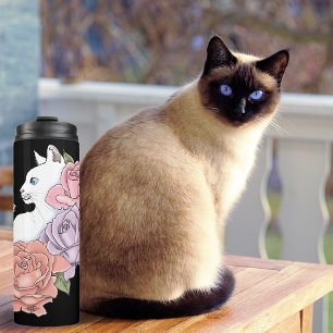 Witte kat pastel bloem zwart romantisch botanisch thermosbeker