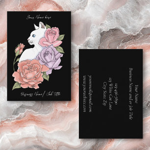Witte kat pastel bloem zwart romantisch botanisch visitekaartje