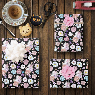 Witte kat pastel bloemmotief zwart romantisch bota inpakpapier vel