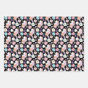 Witte kat pastel bloemmotief zwart romantisch bota inpakpapier vel