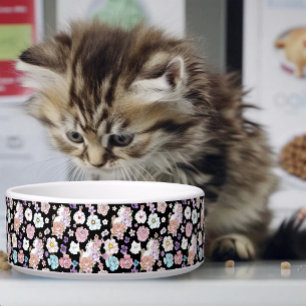 Witte kat pastel bloemmotief zwart romantisch bota voerbakje