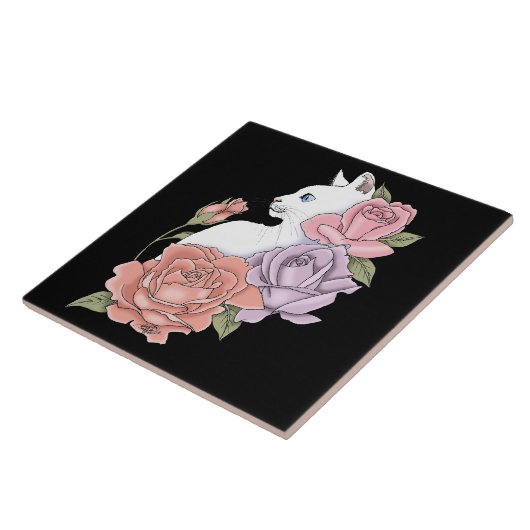 Witte Kat Perzik Lavendel Roze Rozen Tegeltje (Zijkant)