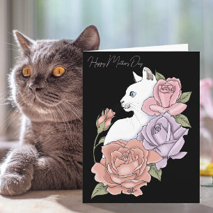 Witte Kat Roze Pastelrozen Zwarte Moederdag Kaart
