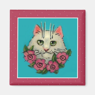 Witte kat, roze rozen magnet magneet