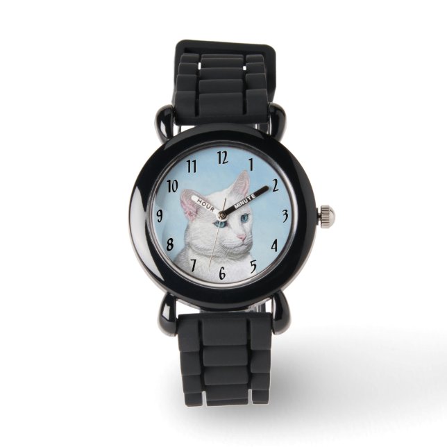 Witte kat schilderen - Kute Original Cat Art Horloge (Voorkant)
