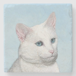Witte kat schilderen - Kute Original Cat Art Stenen Onderzetter