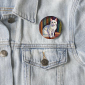 Witte kat tekening ronde button 5,7 cm (In situ)