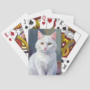 Witte Kat   Waterverf Kat Dieren Schilderij Pokerkaarten