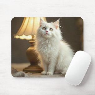 Witte kat zit in warme lamp muismat