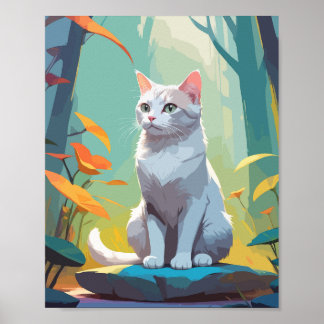 Witte kat zit op een rots in het bos poster