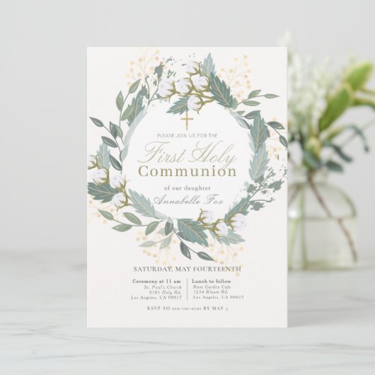 Witte katoenen tuinkrans Eerste Heilige Communie Kaart (Staand voorkant)