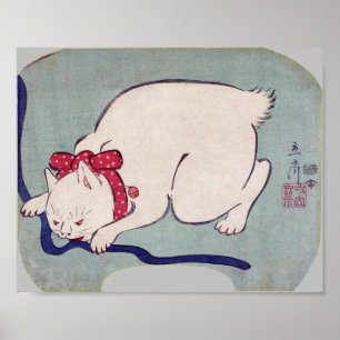 Witte kattenspel met een string, Hiroshige Poster