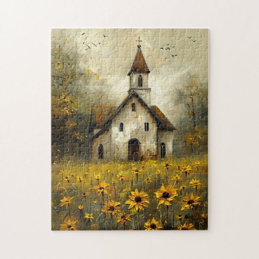Witte Kerk Gele Wilde Bloemen Rustiek Legpuzzel (Verticaal)