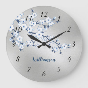 Witte Kersenbloesem Zilver Folie Monogram Grote Klok