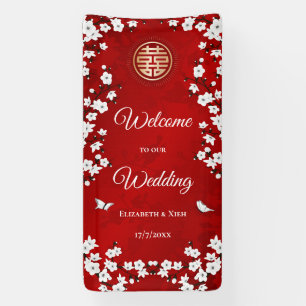 Witte Kersenbloesems Rood Chinese Huwelijk Spandoek