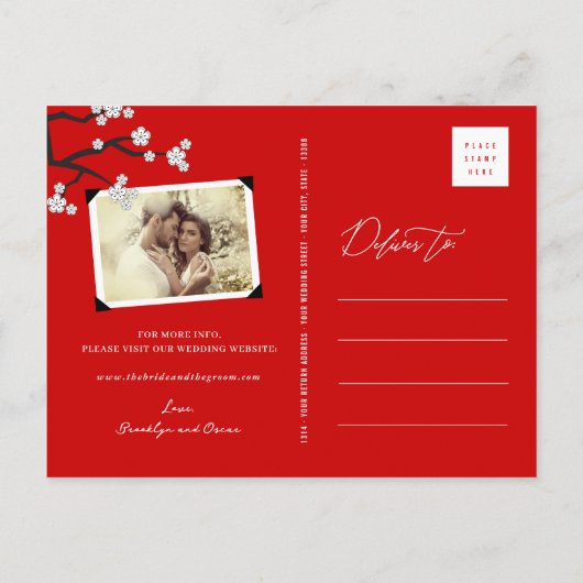 Witte Kersenbloesems Sakura Aziatisch Save The Dat Aankondigingskaart (Achterkant)