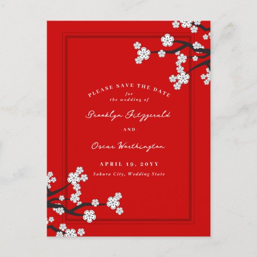 Witte Kersenbloesems Sakura Aziatisch Save The Dat Aankondigingskaart (Voorkant)