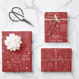 Witte kerst contouren op Fire Brick Red Inpakpapier Vel