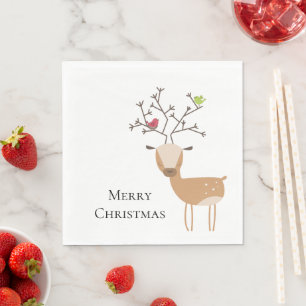 Witte Kerst Herten met Vogels Servet