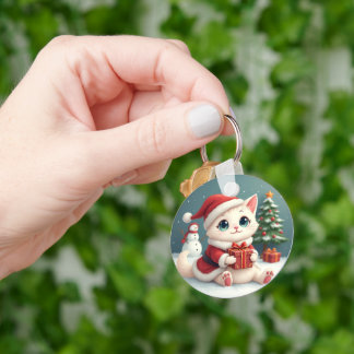 Witte Kerst Kat Button Sleutelhanger