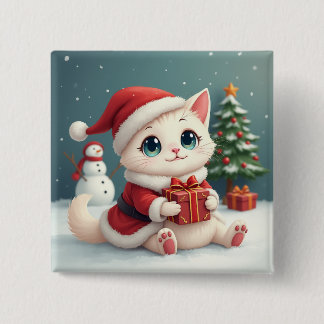 Witte Kerst Kat Buttonnen Vierkante Button 5,1 Cm