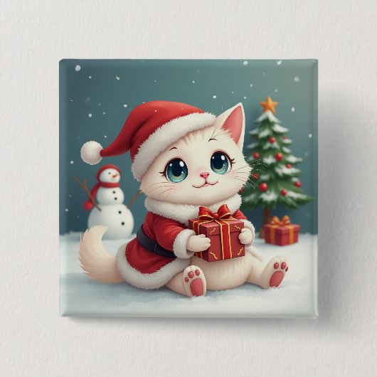 Witte Kerst Kat Buttonnen Vierkante Button 5,1 Cm (Voorkant)