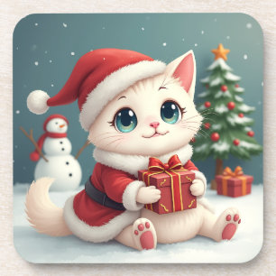 Witte Kerst Kat Onderzetter