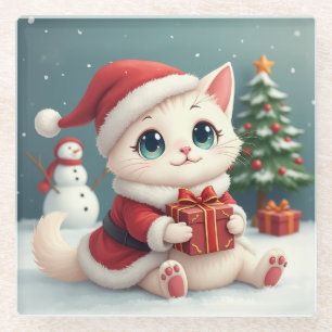 Witte Kerst Kat Onderzetter