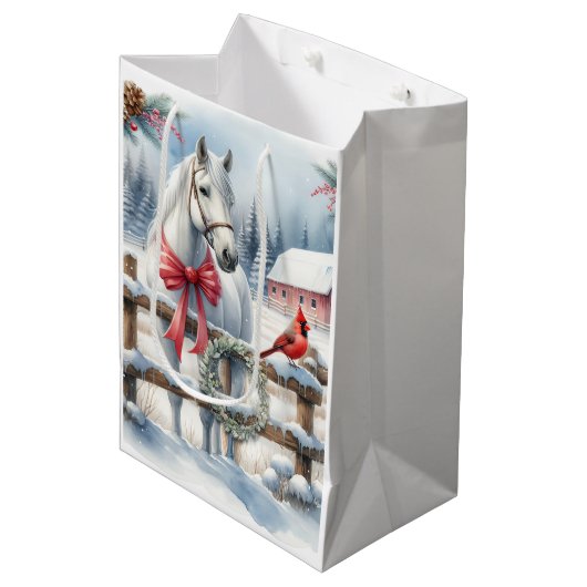 Witte Kerst Paard en Kardinaal Medium Cadeauzakje (Voorkant Gekanteld)