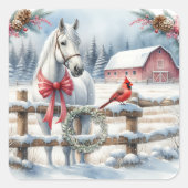 Witte Kerst Paard en Kardinaal Vierkante Sticker (Voorkant)
