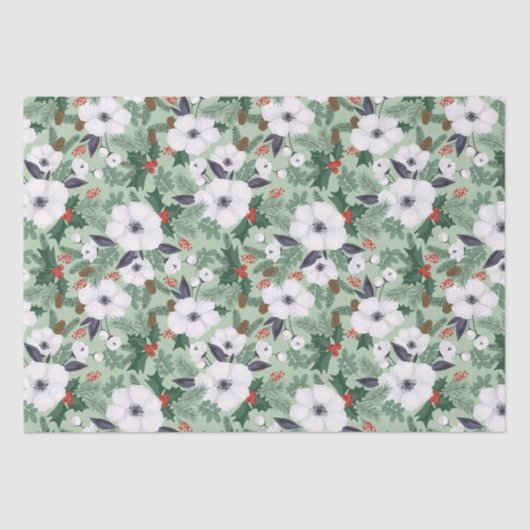 Witte kerstbloemen en rode bessen tissuepapier (Voorkant)