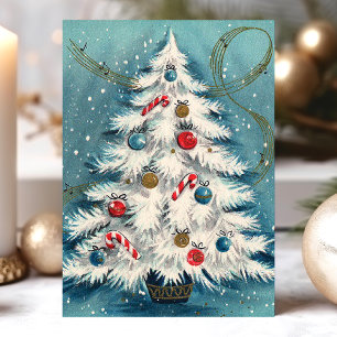 Witte kerstboom in de sneeuw Kerstscene Feestdagen Kaart