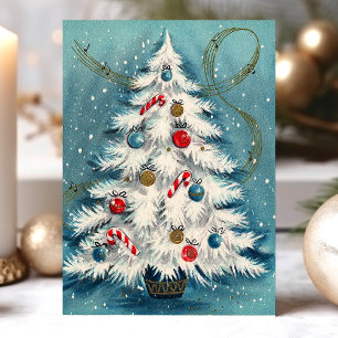 Witte kerstboom in de sneeuw Kerstscene Feestdagenkaart