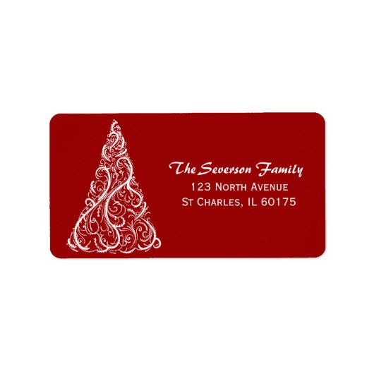 Witte kerstboom op rood retouradres etiket (Voorkant)