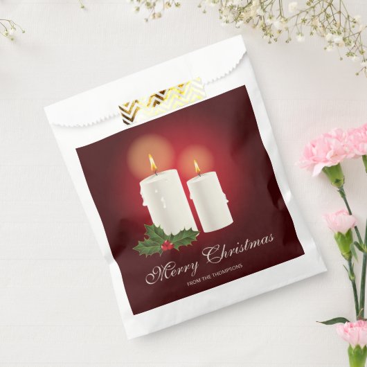 Witte kerstkaarsen op rood met aangepaste tekst bedankzakje (Gezegeld)