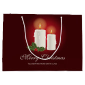 Witte kerstkaarsen op rood met aangepaste tekst groot cadeauzakje (Achterkant)