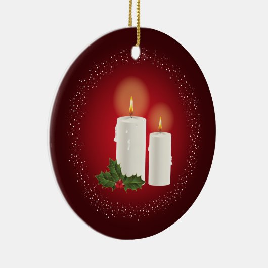 Witte kerstkaarsen op rood met aangepaste tekst keramisch ornament (Rechts)