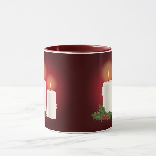 Witte kerstkaarsen op rood met aangepaste tekst mok (Midden)