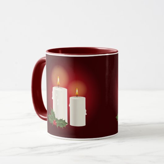 Witte kerstkaarsen op rood met aangepaste tekst mok (Voorkant links)