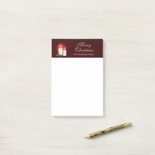 Witte kerstkaarsen op rood met aangepaste tekst post-it® notes (Op bureau)