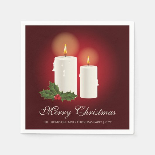 Witte kerstkaarsen op rood met aangepaste tekst servet (Voorkant)