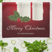 Witte kerstkaarsen op rood met aangepaste tekst theedoek (Gevouwen)