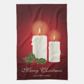 Witte kerstkaarsen op rood met aangepaste tekst theedoek (Verticaal)